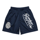Pantalones cortos de malla Chingon Classic White Script para hombre - Azul marino